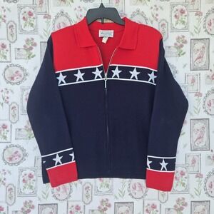 Vintage Prosperity Knitwear Patriotic Star Zip Cardigan Sweater Medium USA